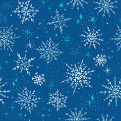 Pretty blue snowflakes scattered across a wintery background. This seamless vector pattern is perfect for surface designs and backgrounds.