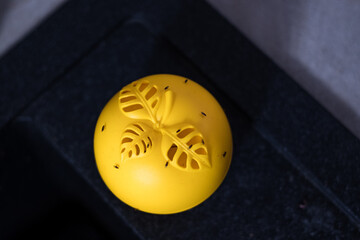Reusable apple shaped fruit fly trap filled with liquid. Trap for small flies in kitchen. 