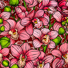 Pink orchids on red background, seamless  pattern. hand drawn illustration. Exotic tropical flowers