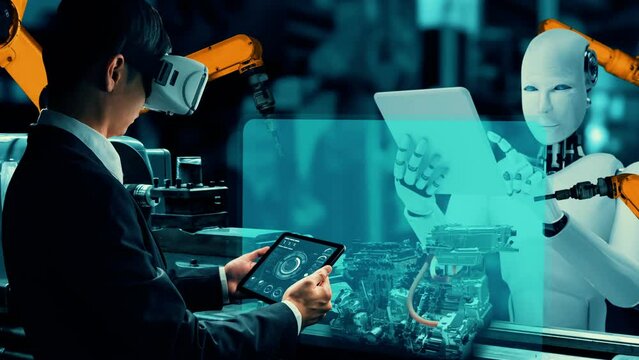 Cybernated industry robot and human worker working together in future factory . Concept of artificial intelligence for industrial revolution and automation manufacturing process .