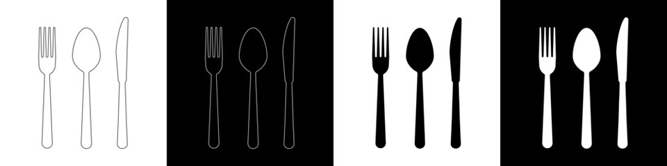Set of four solid and linear icons with cutlery. Black and white signs of spoon, knife and fork. Simple vector illustration of tableware silhouettes 