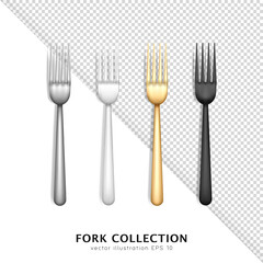 Collection of four realistic stainless steel and plastic cutlery. Top view of three dimensional silver, white, golden and black forks isolated on transparent background. Flatware template, mockup