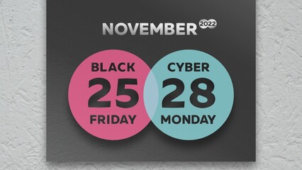Close-up of a black beautiful banner with marking Black Friday and Cyber Monday dates of November 2022 - obrazy, fototapety, plakaty