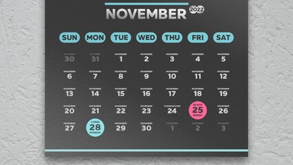 Close-up of a black beautiful November page of the calendar 2022 with the marked Black Friday and Cyber Monday dates on it