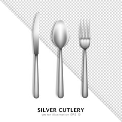 3d realistic stainless steel cutlery. Top view of three dimensional metal silver fork, spoon and knife isolated on white transparent background. Flatware, utensil template, mockup
