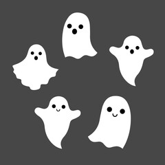 Vector halloween illustration of white funny cute ghosts on the black background as wallpaper or poster. Holiday autumn stickers set of pretty ghosts for graphic design or printing on cards or cloth.