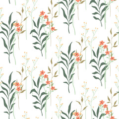 Seamless pattern with gentle botanical composition on a white background. Romantic floral print with drawing plants: small flowers on thin branches, leaves, herbs. Trendy surface design. Vector.