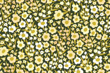 Seamless floral pattern, cute ditsy print in natural colors. Pretty botanical background with drawing meadow, cute small flowers, leaves. Trendy surface design. Vector illustration.