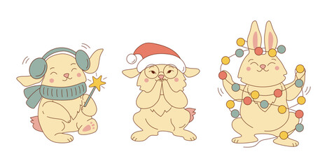 Set rabbits with christmas hat, garland, star isolated on white. Trendy print design collection of Chinese New Year 2023 symbol, year of rabbit. Design for sticker pack, greeting card, banner