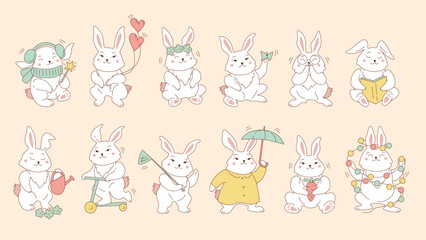 Set of cute animals rabbits character isolated on pink background. Bundle of funny bunnies with glasses, scarf, heart, book, garland, umbrella, carrot, flower, scooter. Vector in cartoon kawaii style
