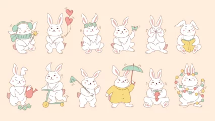 Muurstickers Speelgoed Set of cute animals rabbits character isolated on pink background. Bundle of funny bunnies with glasses, scarf, heart, book, garland, umbrella, carrot, flower, scooter. Vector in cartoon kawaii style