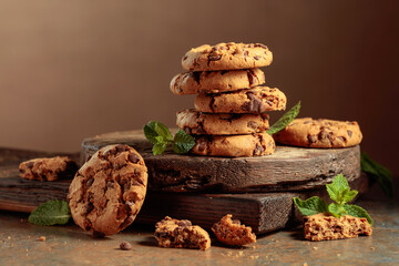 Chocolate cookies with mint on a rustic brown background.