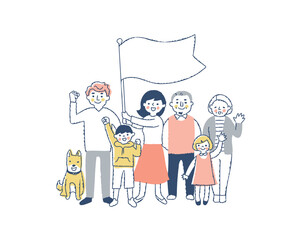 フラッグを持っているママと家族