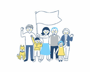 フラッグを持っているママと家族