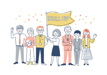 フラッグを持っている女性と数人のビジネスパーソン男女