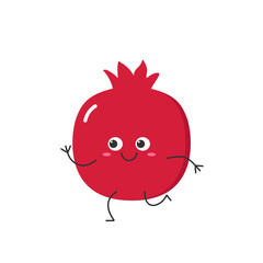 Fototapeta premium Pomegranate character cartoon running fruit cute funny smiling face happy joy emotions icon vector illustration.