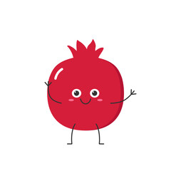 Pomegranate character cartoon greeting fruit cute funny smiling face happy joy emotions icon vector illustration.
