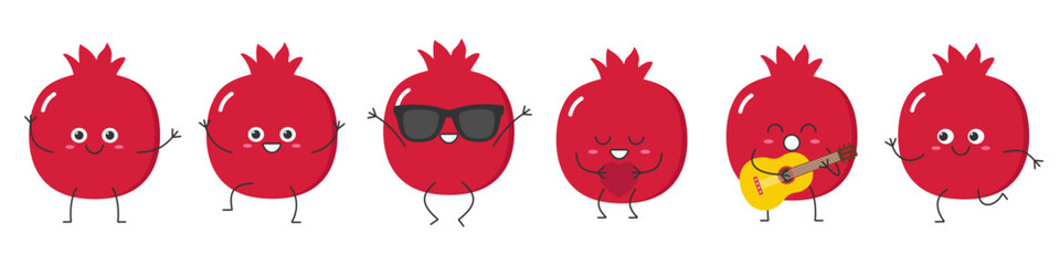 Set pomegranate character cartoon fruit greeting jumping loves sings running cute funny smiling face happy joy emotions icon vector illustration.