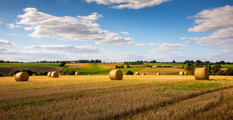 Meule de foin ou de paille dans un paysage de campagne en été après les moissons.