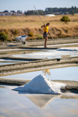 Paludier ou saunier récoltant le sel de mer dans les marais de l'île de Noirmoutier en Vendée, France.