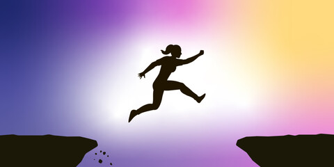 Fototapeta na wymiar Silhouette of Woman jumping across the Mountains. Vector Illustration.