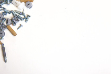 Furniture accessories. Equipment options and tools for assembling furniture on a white background.