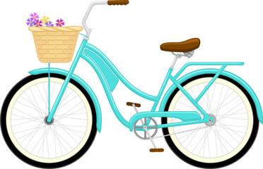 Vector illustration of a retro-styled, teal-colored cruiser bicycle with a basket filled with wildflowers.