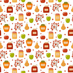 Autumn seamless pattern with jam jars, garden fruits and berries. Fall season background for wallpaper, wrapping paper, fabric, textile, scrapbook. Flat style design.