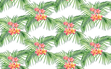 Watercolor painting palm green coconut leaves, plumeria flowers seamless pattern background.Watercolor hand drawn illustration tropical exotic leaf prints for wallpaper summer style.