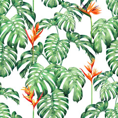 Watercolor painting monstera leaves seamless pattern with flower background.Watercolor hand drawn illustration tropical exotic leaf prints for wallpaper,textile Hawaii aloha jungle pattern. © nongnuch_l