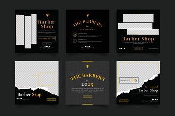 professional modern barbershop hairstyle social media post layout. 