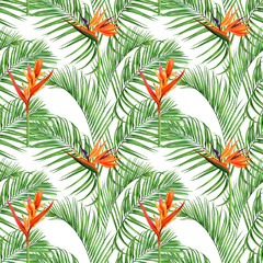 Fototapeta na wymiar Watercolor painting palm leaves seamless pattern with flowers background.Watercolor hand drawn illustration tropical exotic leaf prints for wallpaper,textile Hawaii aloha jungle pattern.