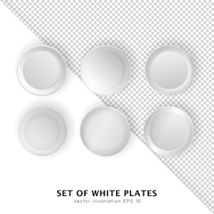 Set of six different realistic plates. 3d mock up of white round dishes, crockery, utensil. Template of empty cookware isolated on white and transparent background. 