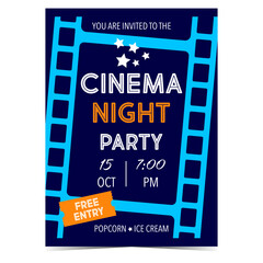 Cinema night party promo banner or invitation card with cinematographic film strip on background. Cinema party advertisement, announcement vector poster, brochure or affiche with event date and time.
