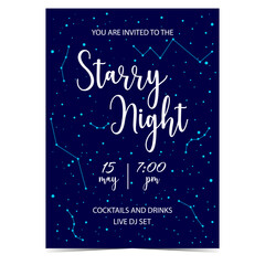 Fototapeta na wymiar Starry night invitation card, advertisement banner, announcement poster or promo brochure. Starry night party leaflet or flyer with stars and constellations in the night sky. Flat vector illustration.