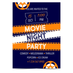 Movie night party banner or invitation card template design. Movie night party poster or flyer with cinematographic film strip and film reel&nbsp;for promo and advertisement. Flat vector illustration.