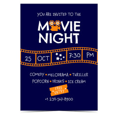 Movie night banner with cinematographic film strip and announcement of cinema event or festival. Vector illustration of movie night party invitation or promo affiche for web and social media posts.