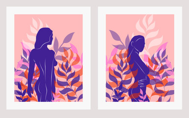Women wall art, vector set. Boho silhouette art drawing with abstract shape. Abstract body Art design for print, cover, wallpaper, Minimal wall art.	