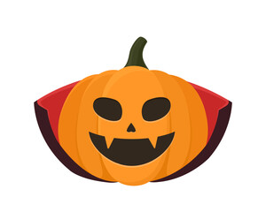 Halloween pumpkin in a dracula costume. Jack O Lantern cartoon character. Vector illustration icon isolated on white background.