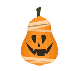 Halloween pumpkin in a mummy costume. Jack O Lantern cartoon character. Vector illustration icon isolated on white background.