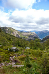 Naklejka na ściany i meble Rock Formations and Lysefjord landscape at Prekestolen (Preikestolen) in Rogaland in Norway (Norwegen, Norge or Noreg)