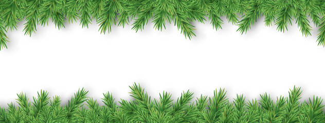 Christmas garland border. Holiday branch frame. Green fir long banner. Festive winter decor. New Year luxury decoration. Season greeting ornament. Xmas tree. Winter celebration. Vector illustration