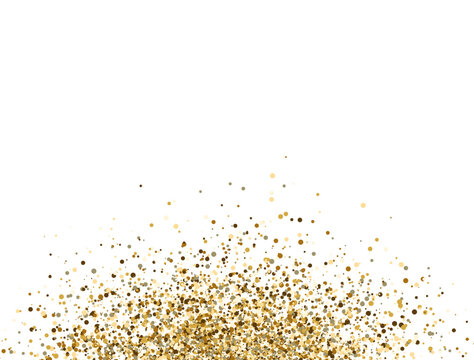 Glitter gold explosion banner. Magic party dust. Sequin rain. Christmas luxury flyer. Happy holiday sparkle stars poster. Glamour premium invitation. Golden circle confetti frame. Vector illustration
