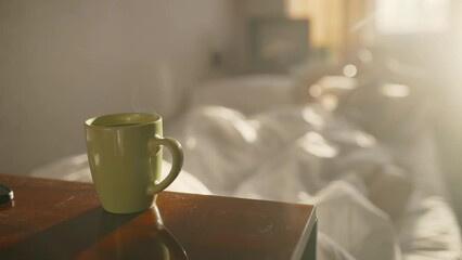 Cup with hot coffee or tea with steam on the table with blurred bed background. - Powered by Adobe