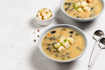 Instant pot mushroom soup. Top view, copy space.