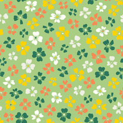 Little ditsy daisy seamless repeat pattern. Random placed, vector calico flowers all over surface print on green background.