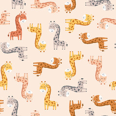 Seamless Pattern with giraffes on pink background. Vector trendy scandinavian background. Safari childish seamless pattern with giraffes