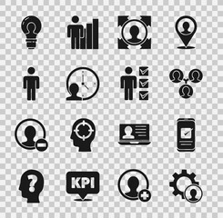 Set Head hunting, Smartphone, Project team base, Time Management, User of man, with lamp bulb and business suit icon. Vector