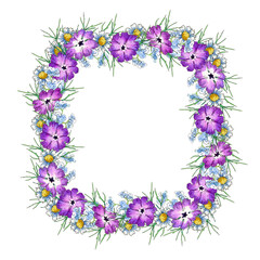 Obraz premium square frame of purple primrose and chamomile watercolor flowers on white background.