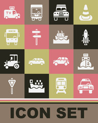 Set Police car and flasher, Cargo ship, Rocket with fire, Road traffic signpost, Bus, TV News and Cruise icon. Vector